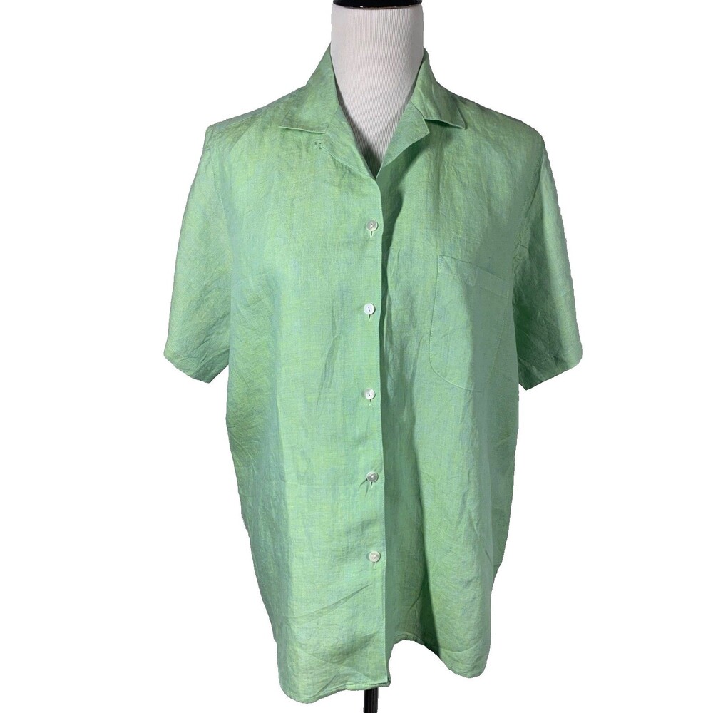 LL Bean 100% Linen Short Sleeve Button Front Shirt Green Plus 1X